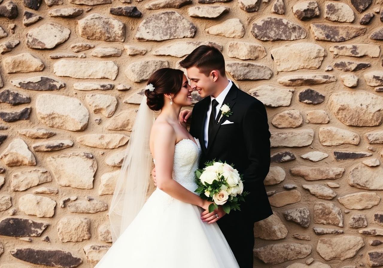 Brautpaar an Steinmauer