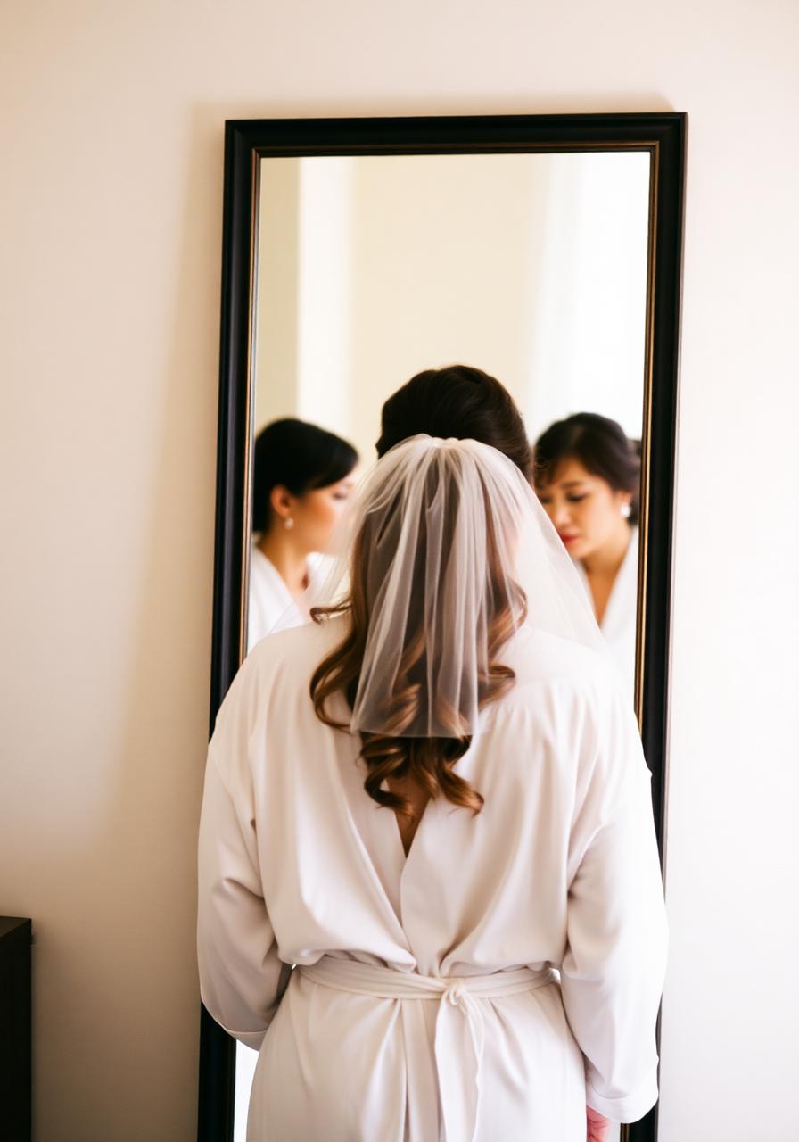 Braut im weißen Robe vor Spiegel